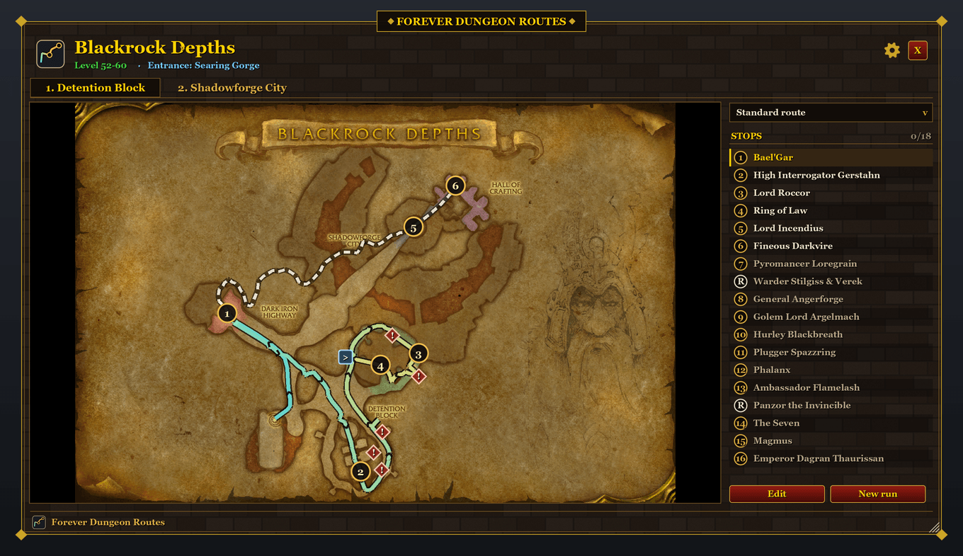 Thumbnail The level in the colour of your level, and the entrance: one click sets a map pin there. Numbered bosses, rares (R), optional bosses (+), notes (!); blue squares switch the map level. Preview image, not an in-game screenshot.