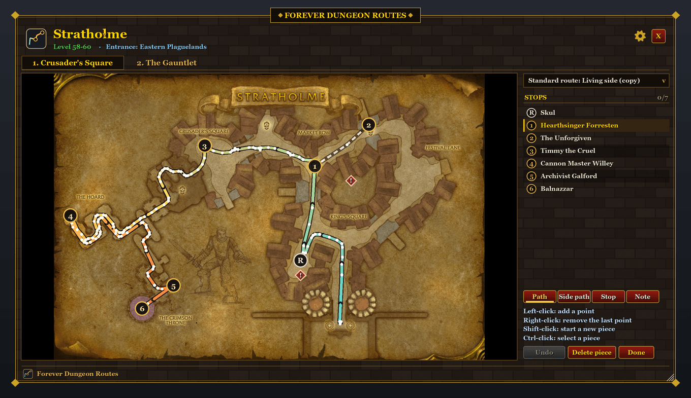 Thumbnail Editing a copy of a standard route in Stratholme: paths, side paths, stops and notes, drag to move, undo. Preview image, not an in-game screenshot.