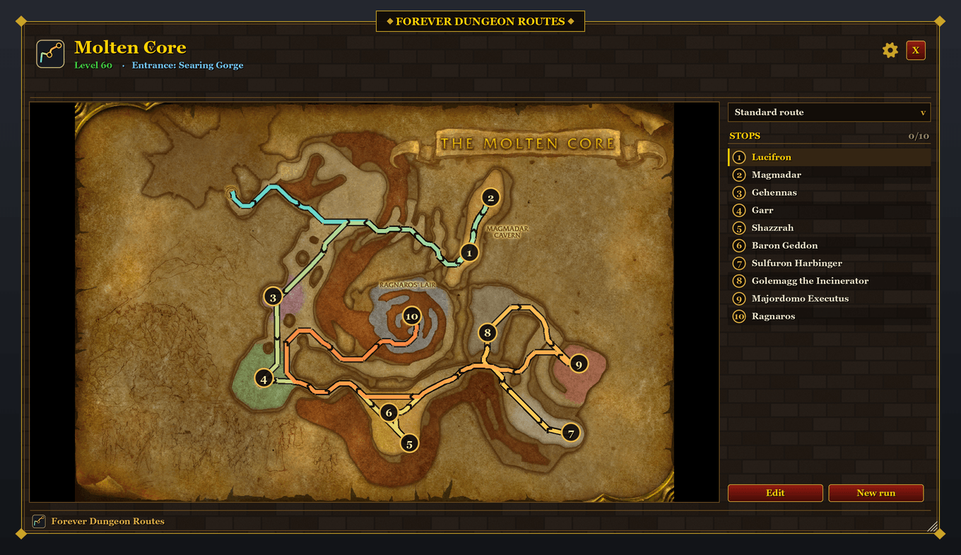 Thumbnail The standard route from the entrance to Ragnaros, searched over the walkable floors in the game's files, around the lava. Preview image, not an in-game screenshot.