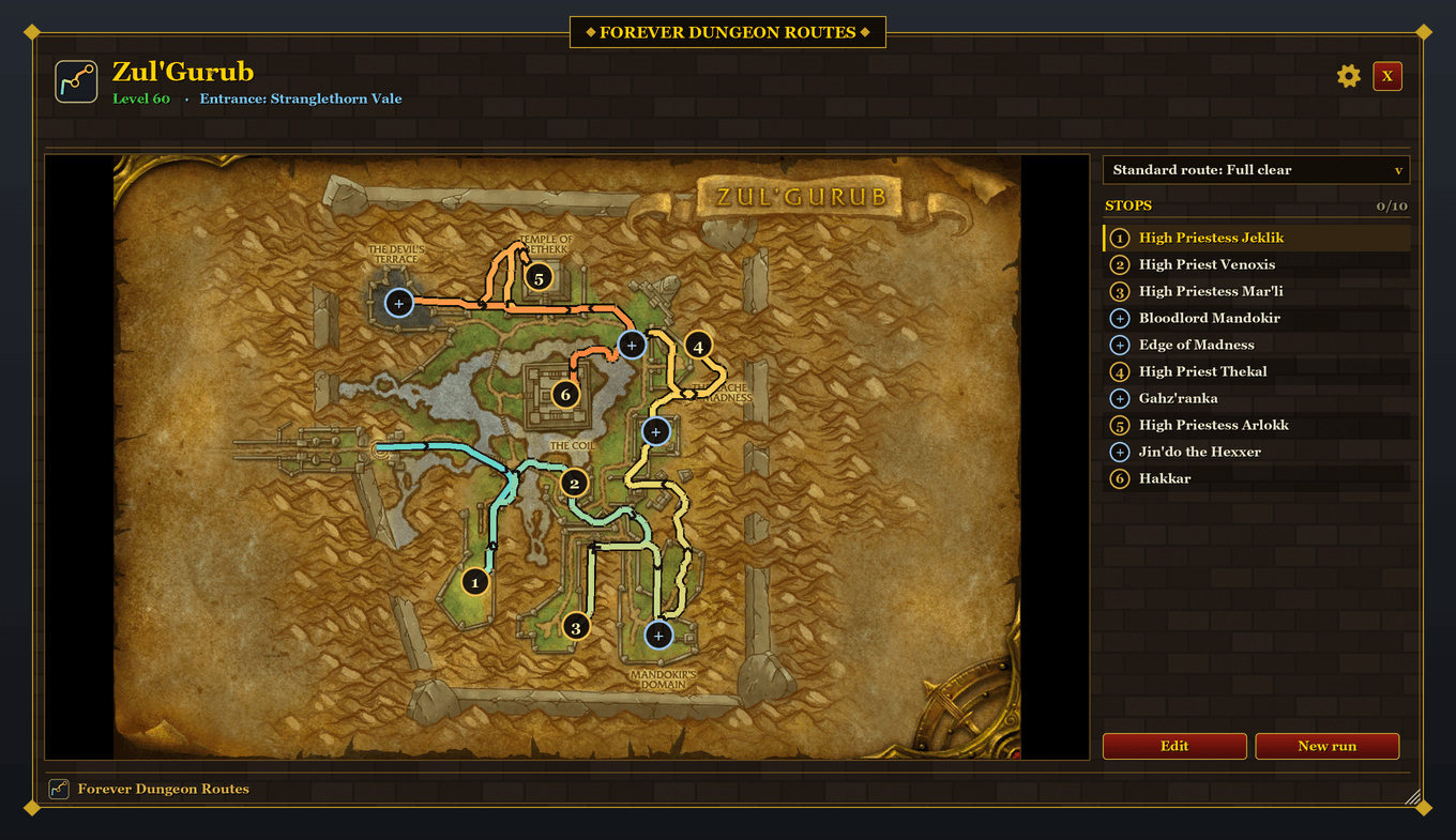 Thumbnail Zul'Gurub with the route Full clear from the entrance over the rope bridge; optional bosses are marked with a plus. Also as Efficient with only the bosses on the way to Hakkar. Preview image, not an in-game screenshot.