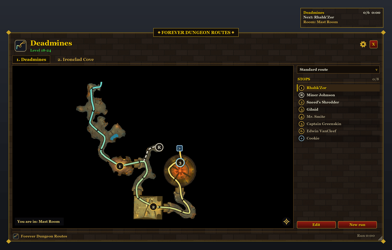 Thumbnail Gear button, Map from the game's minimap: the map put together from the game's own minimap pictures, with the standard route; the room you are in lights up. Preview image, not an in-game screenshot.