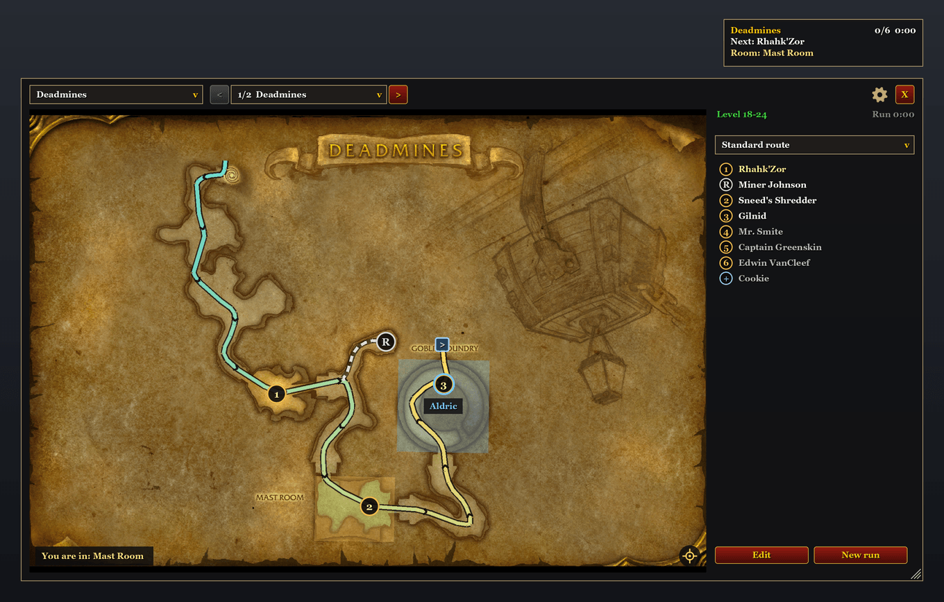 Thumbnail The style before 0.5.18, still one click away: gear button, Window style. Dungeon and map level to choose at the top, level and run time above the stops. Preview image, not an in-game screenshot.