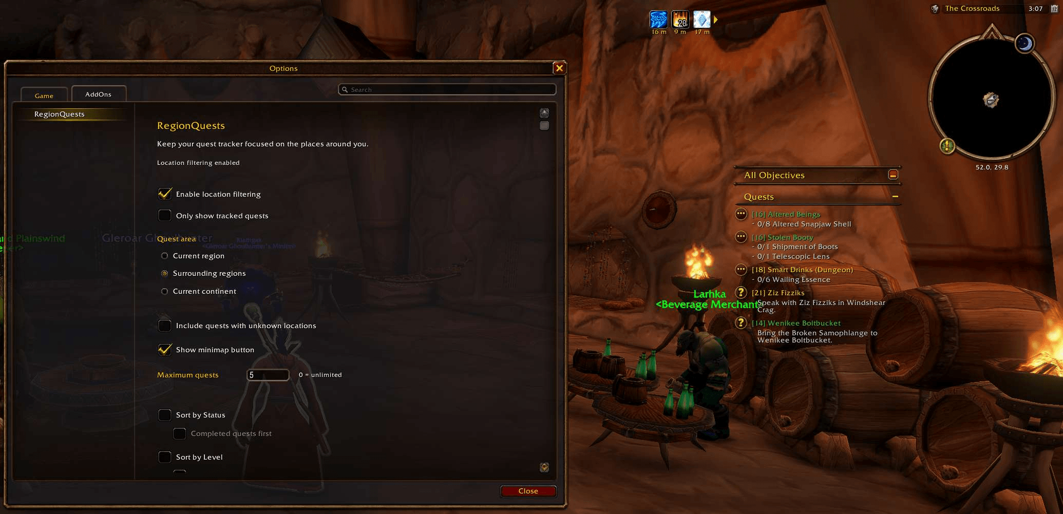 Thumbnail Surrounding regions, with max 5 quests displayed.