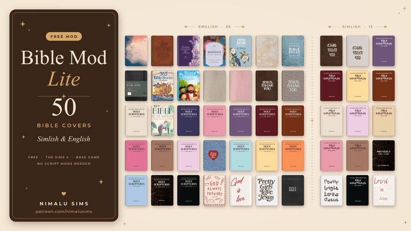 Thumbnail All 50 Bible covers included: 35 English and 15 Simlish.