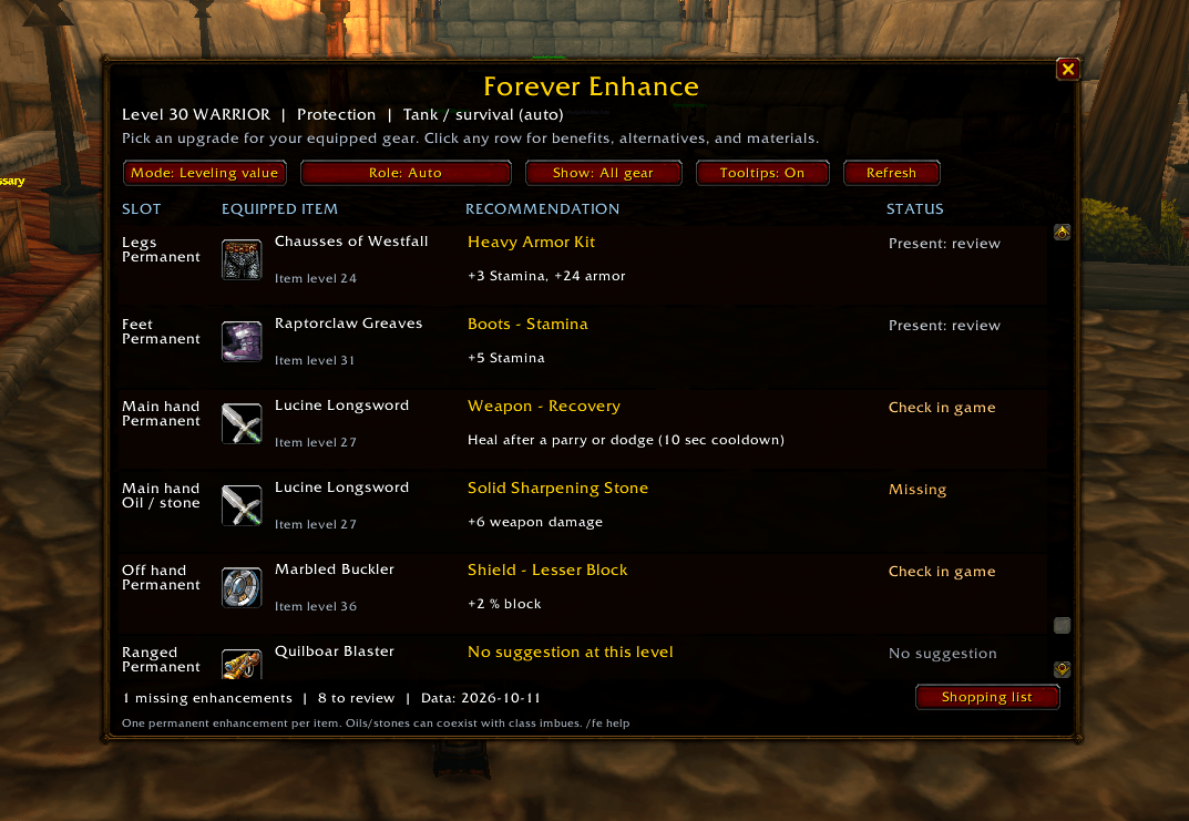 View your equipped gear, recommended enhancements, and current enhancement status in one place.
