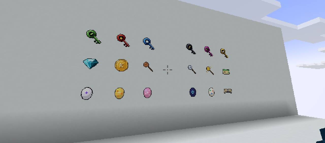 In-game on the Kestramon server: crate keys, coins, sell wands, eggs and other items, all drawn for this pack.