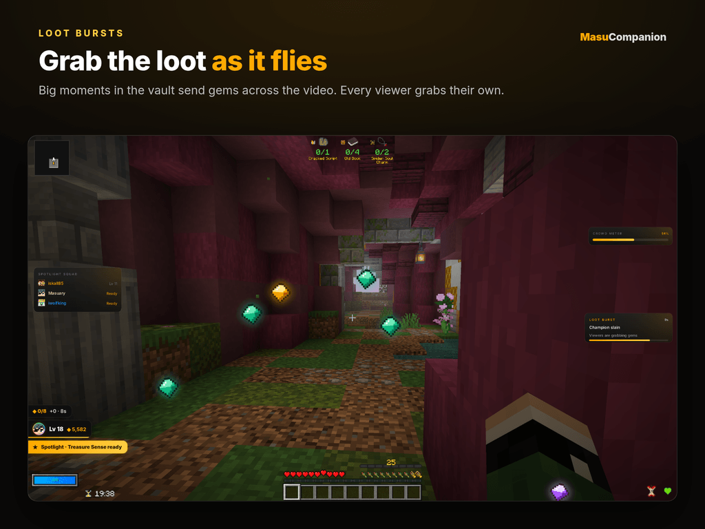 Thumbnail Gems fly across the stream on big moments and every viewer grabs their own.