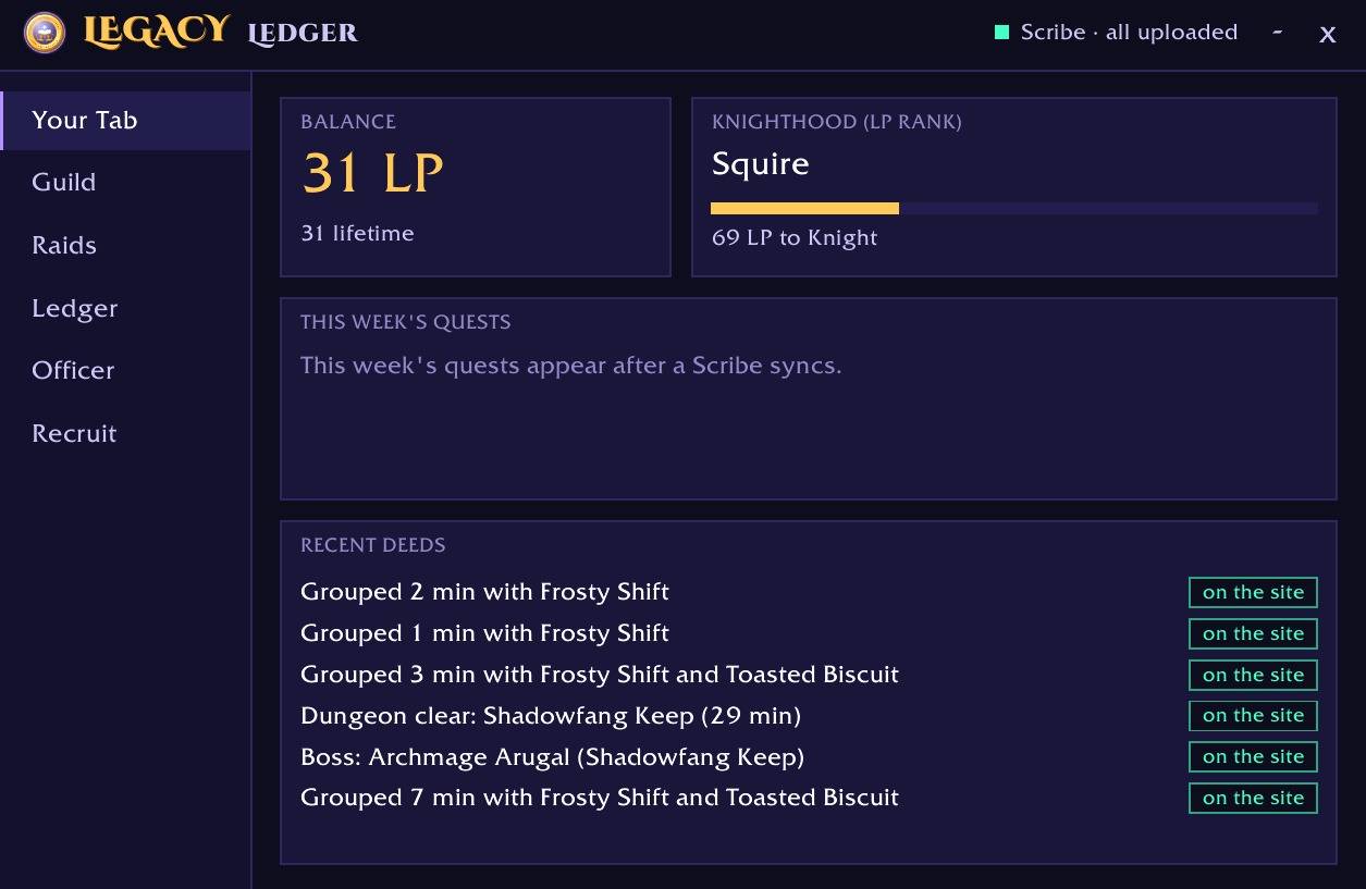 Your Tab: balance, knighthood, quests and recent deeds