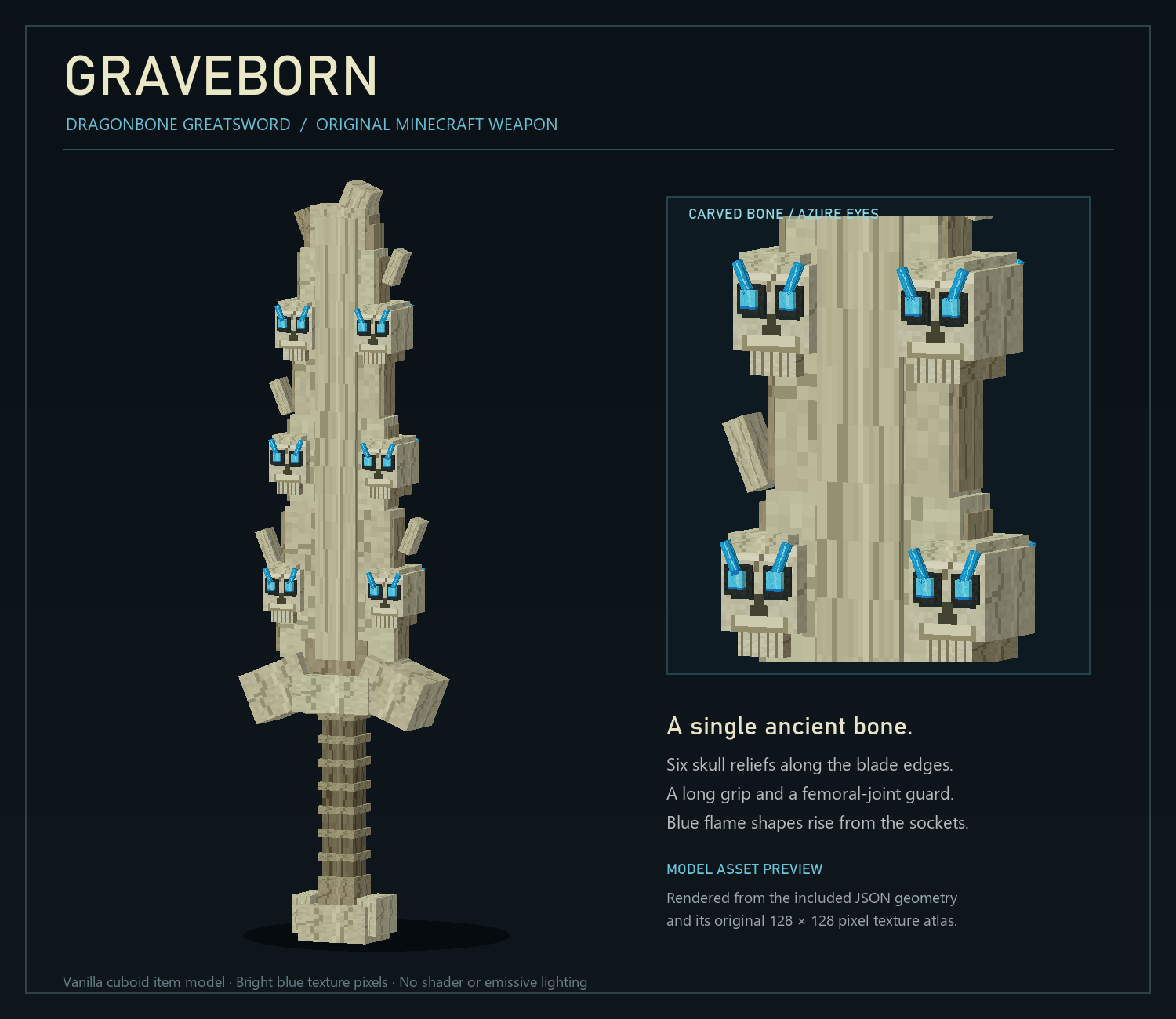 Thumbnail Model asset preview rendered from the exact shipped JSON geometry and original 128x128 texture atlas. Six skull reliefs line the ancient bone blade. This is an asset render; see the separate image for the actual Minecraft client render.