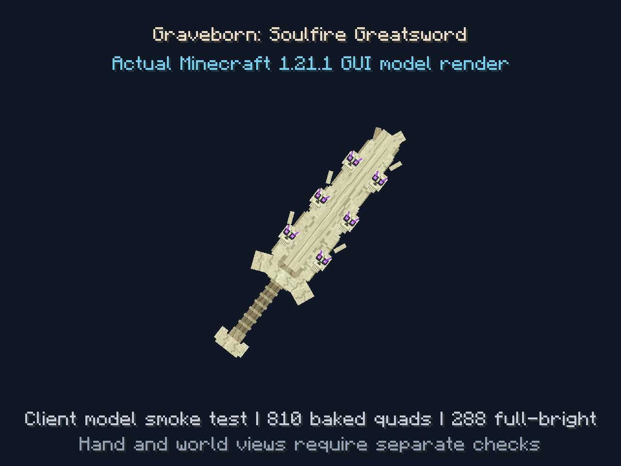 Thumbnail Actual Minecraft Java 1.21.1 GUI render of version 1.1.0: original bone sword with purple eyes. Verified 810 baked quads, including 288 full-bright eye/flame faces. Hand and survival-world views require separate checks.