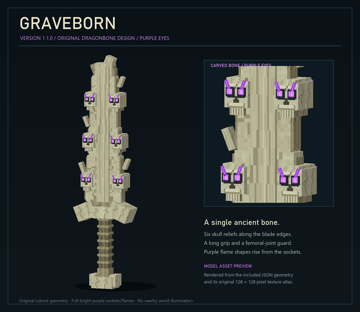 Thumbnail Faithful asset preview rendered from the version 1.1.0 JSON model and original texture atlas. Original bone silhouette and six skull carvings are retained; eye/flame details are purple and full-bright. This is an asset render, not a game screenshot.