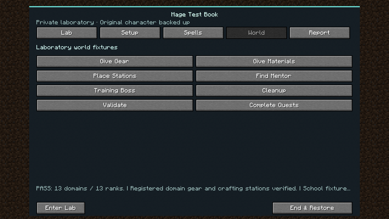 Thumbnail Native Minecraft UI preview of creative/operator testing: gear, materials, stations, mentors, training guardians and quests. End & Restore returns the original character.