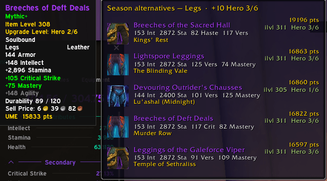 View possible upgrades per-slot by hovering over an equipped item or an item in your bags, where they drop from and their stats.