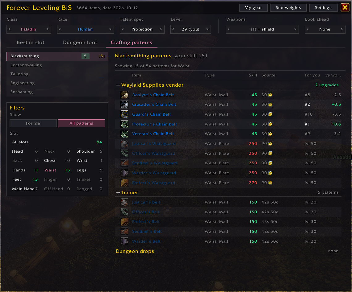 Crafting patterns tab