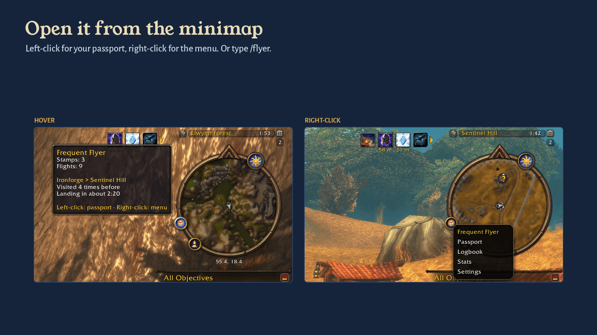 The minimap button's tooltip and right-click menu.