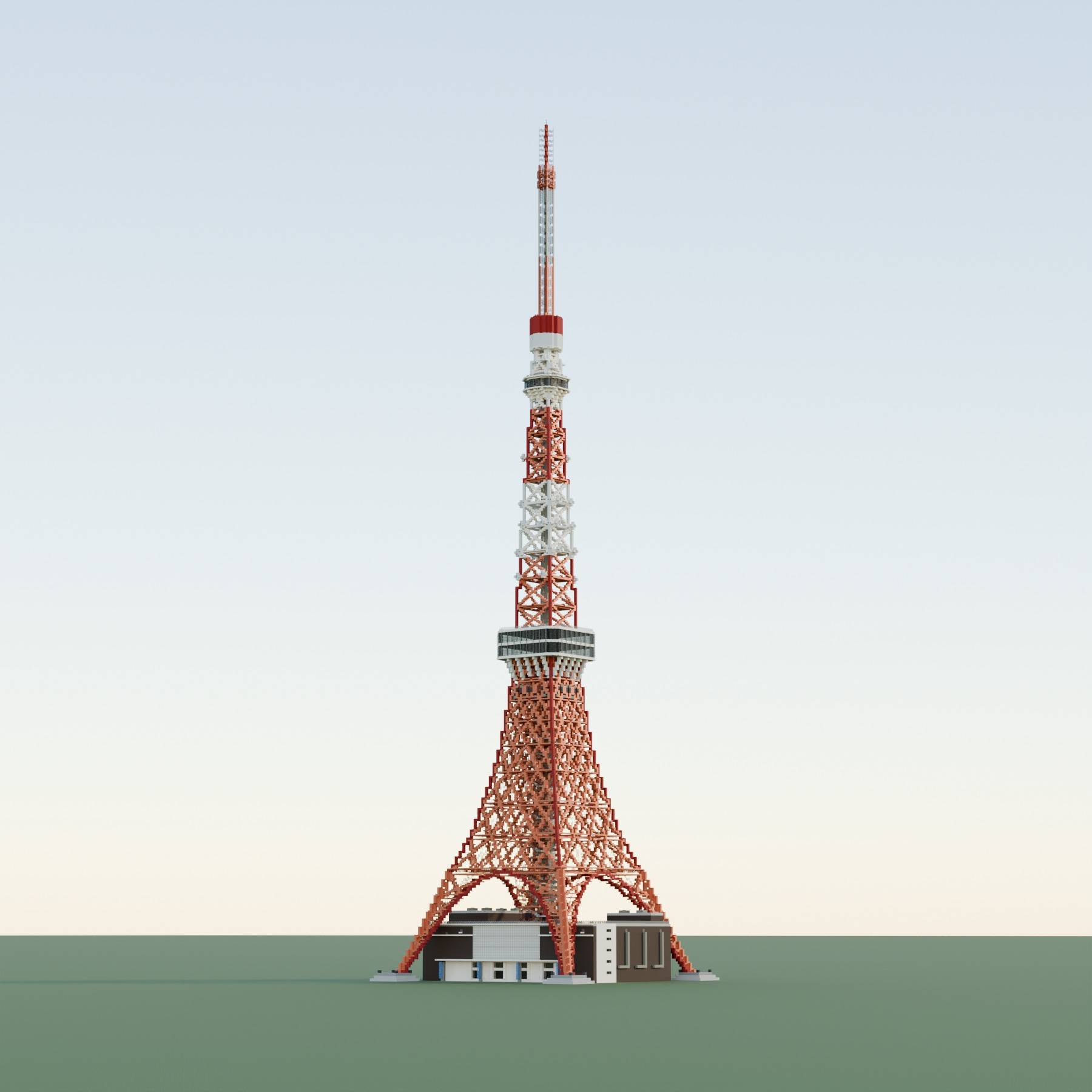Thumbnail Full view of the Tokyo Tower build in warm evening light. Blender render; in-game lighting may differ.