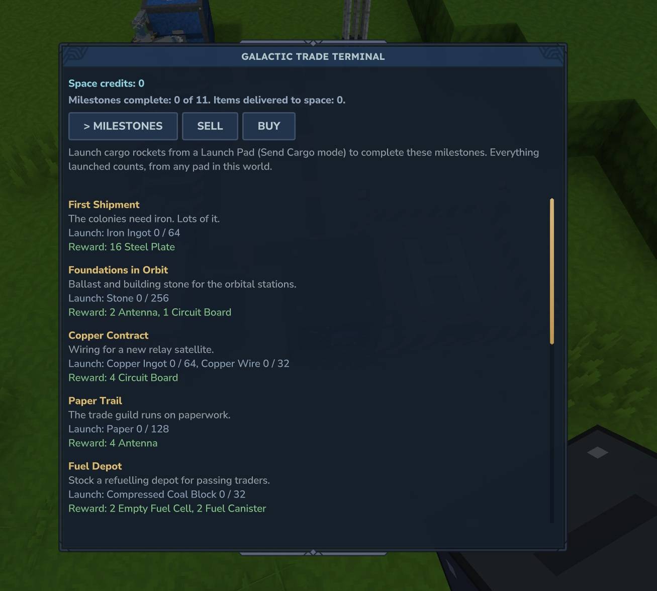 Thumbnail complete milestones at the terminal by sending them in a rocket, to get items back.