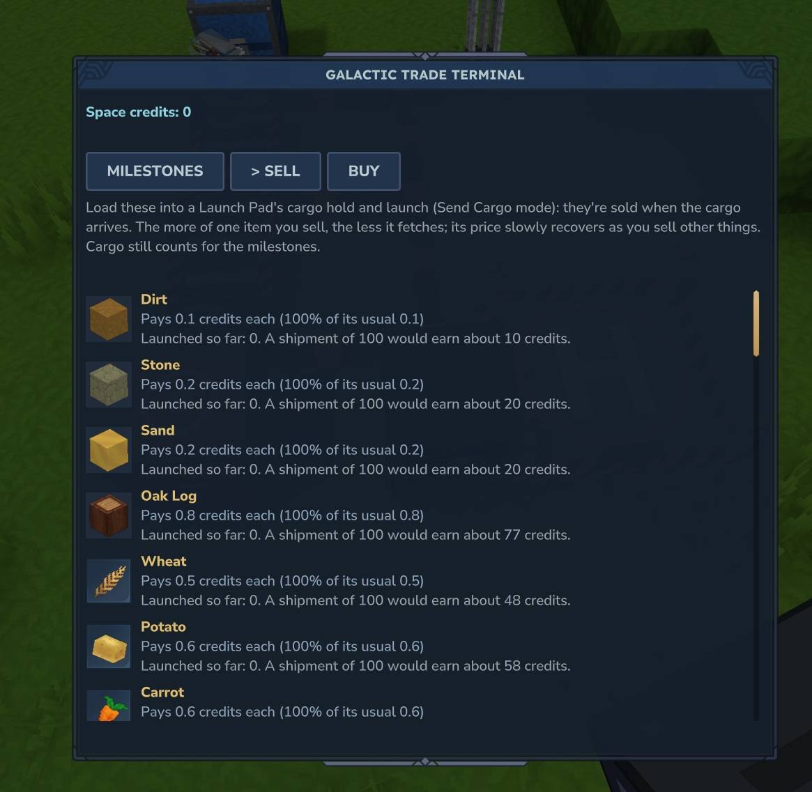 Thumbnail sell items at the trade terminal to earn credits