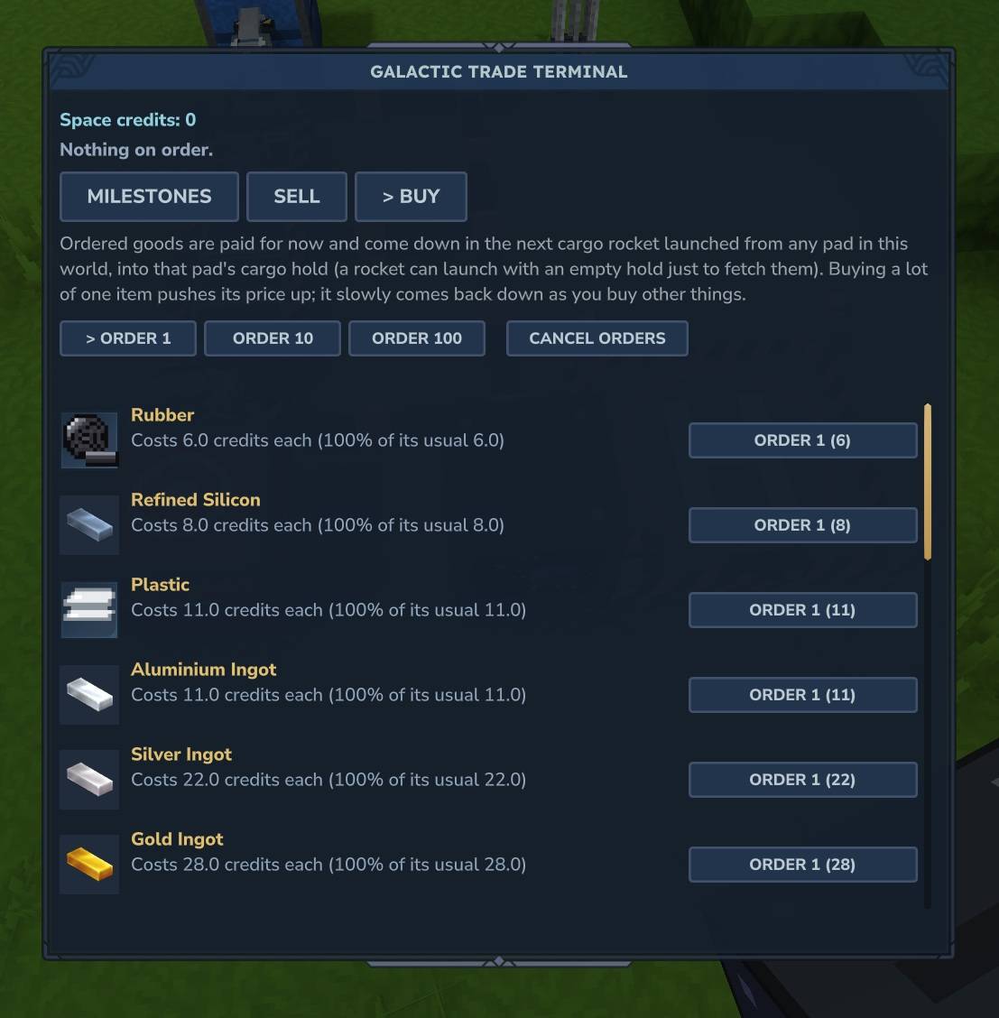 Thumbnail buying items at the trade terminal. they will be delivered next time you send a rocket and it returns