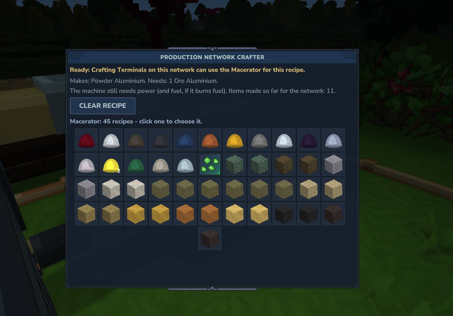 Thumbnail Selecting a recipe for the macerator, via the connected Production network crafter