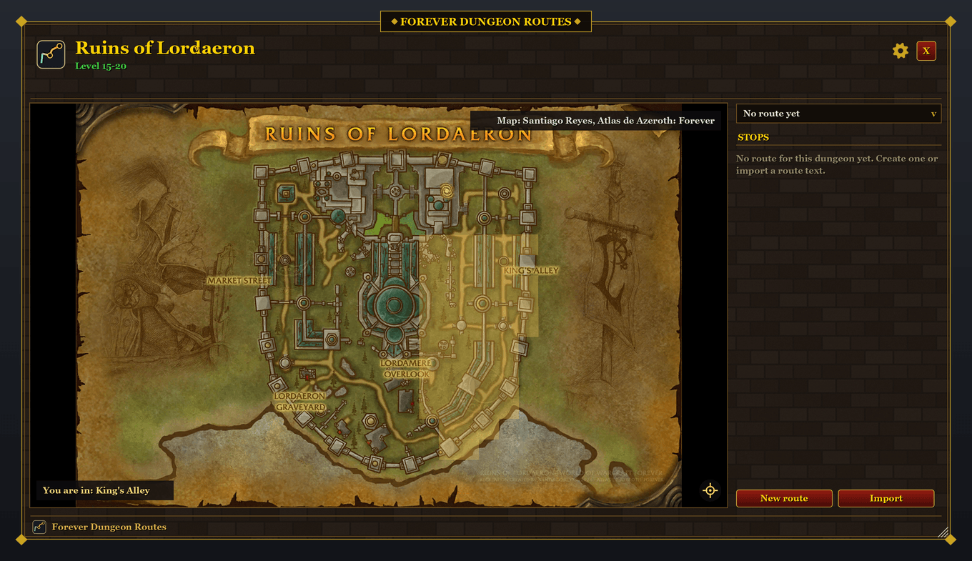 Thumbnail One of the new WoW: Forever dungeons on the map by Santiago Reyes (Atlas de Azeroth: Forever), used with his permission; King's Alley lights up where you are. Preview image, not an in-game screenshot.
