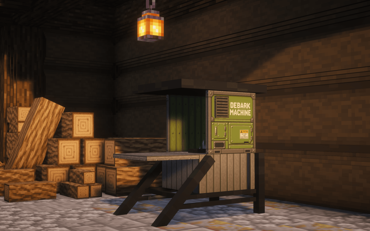 Process wood and logs instantly with the Debark Machine, turning them into stripped variants in a fast and immersive way. A practical utility block that makes wood preparation easier for building and decoration.