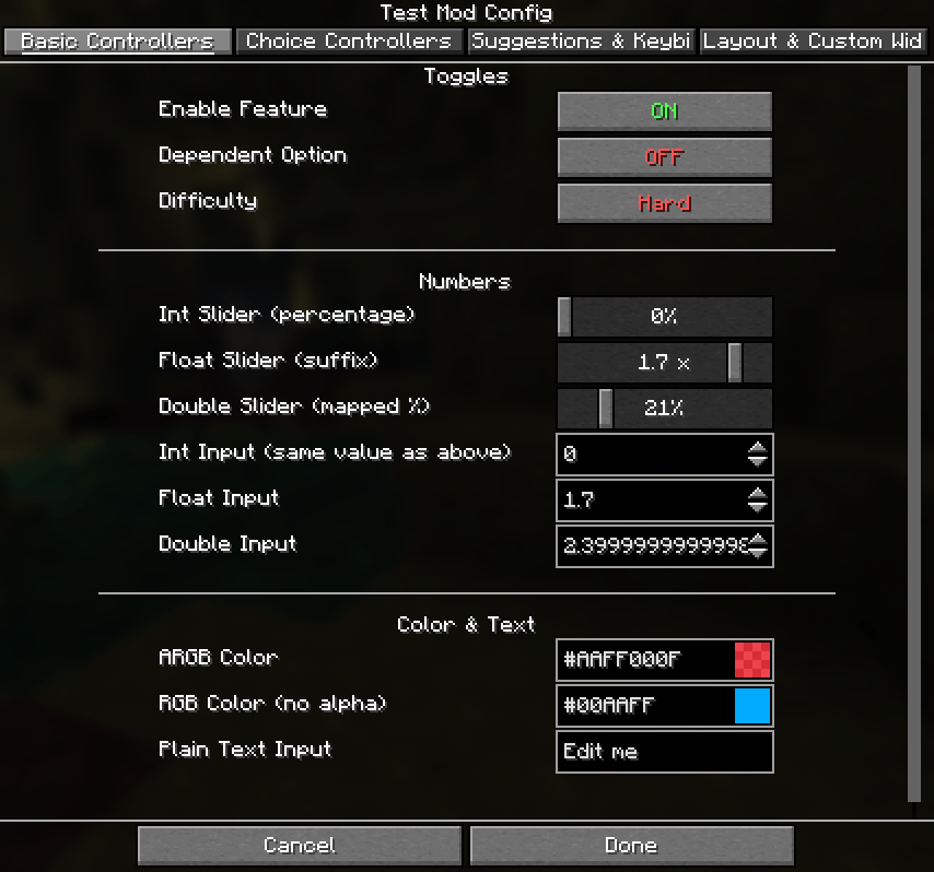 Shows all the different basic controllers