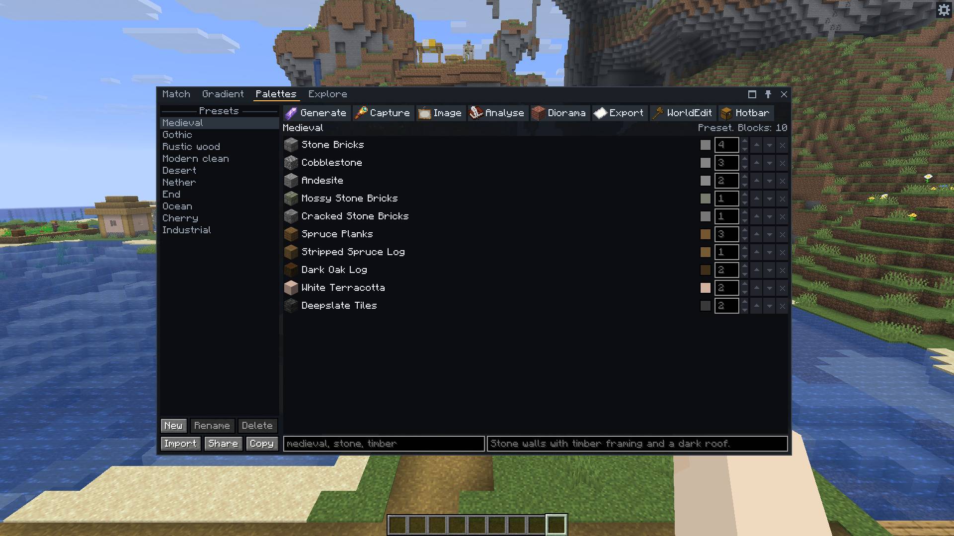 Thumbnail The Medieval preset, one of ten that come with the mod. Every block has a weight. The toolbar generates, captures, analyses, exports and fills your hotbar.
