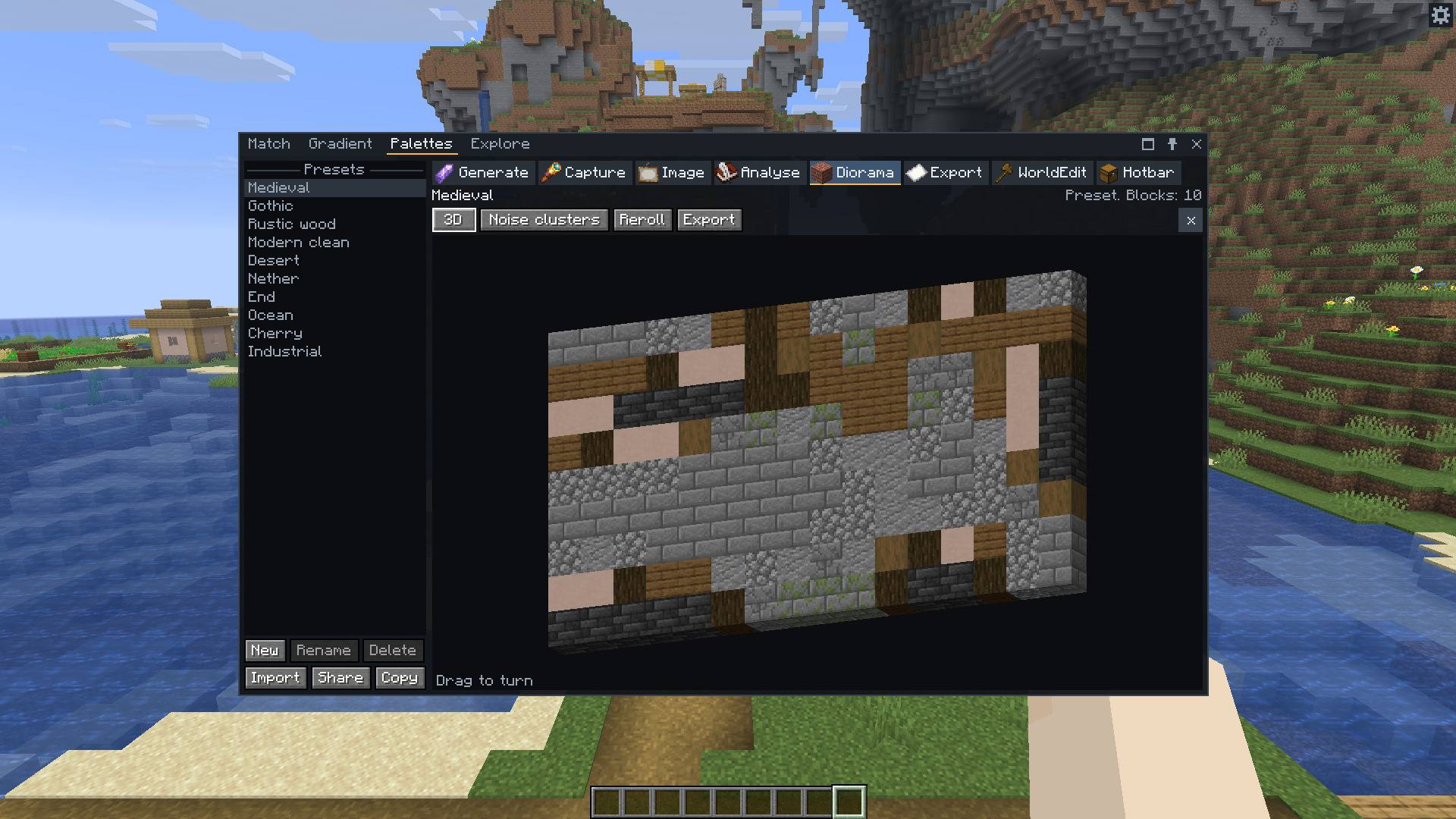 Thumbnail A palette as a wall of blocks in 3D, mixed by its weights. Drag to turn it, reroll the pattern, and export the wall you see as a schematic.