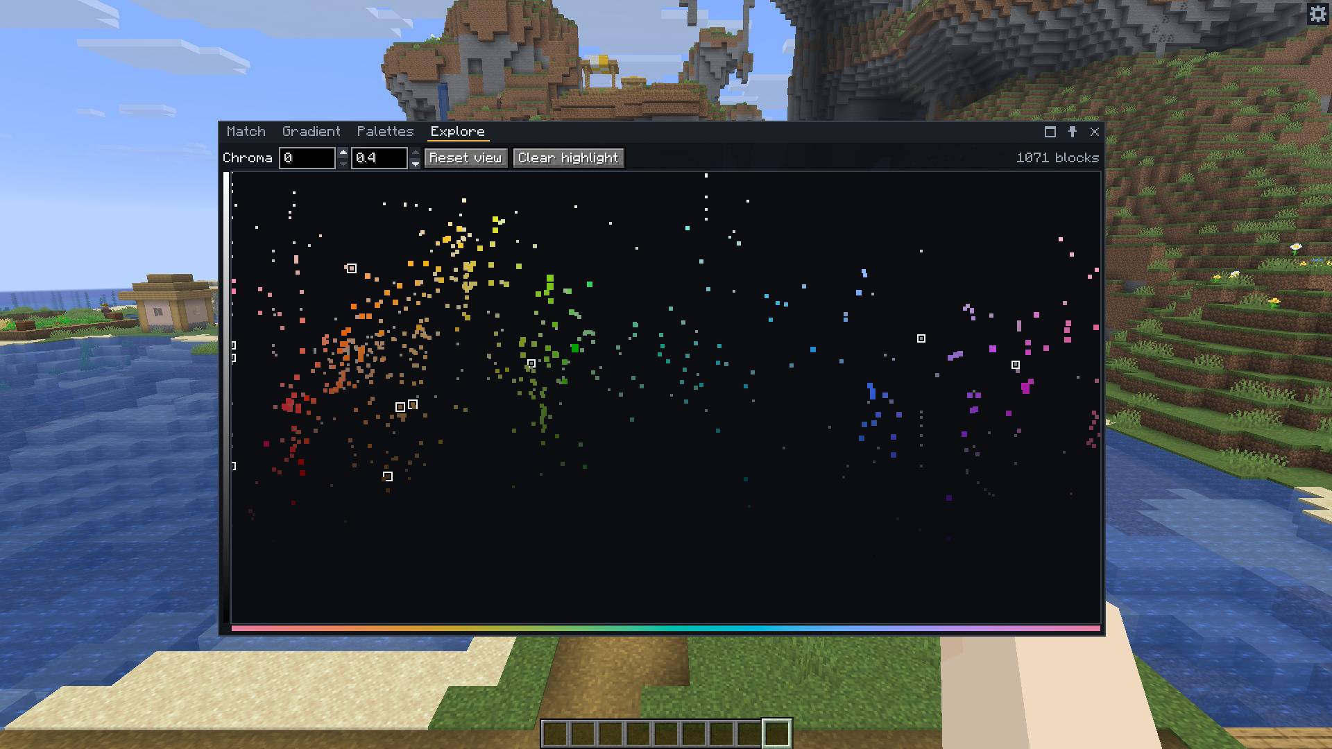 Thumbnail Every block as a dot, by hue and lightness. Scroll to zoom and click a dot to match it. The outlined dots are the blocks of the Medieval palette.