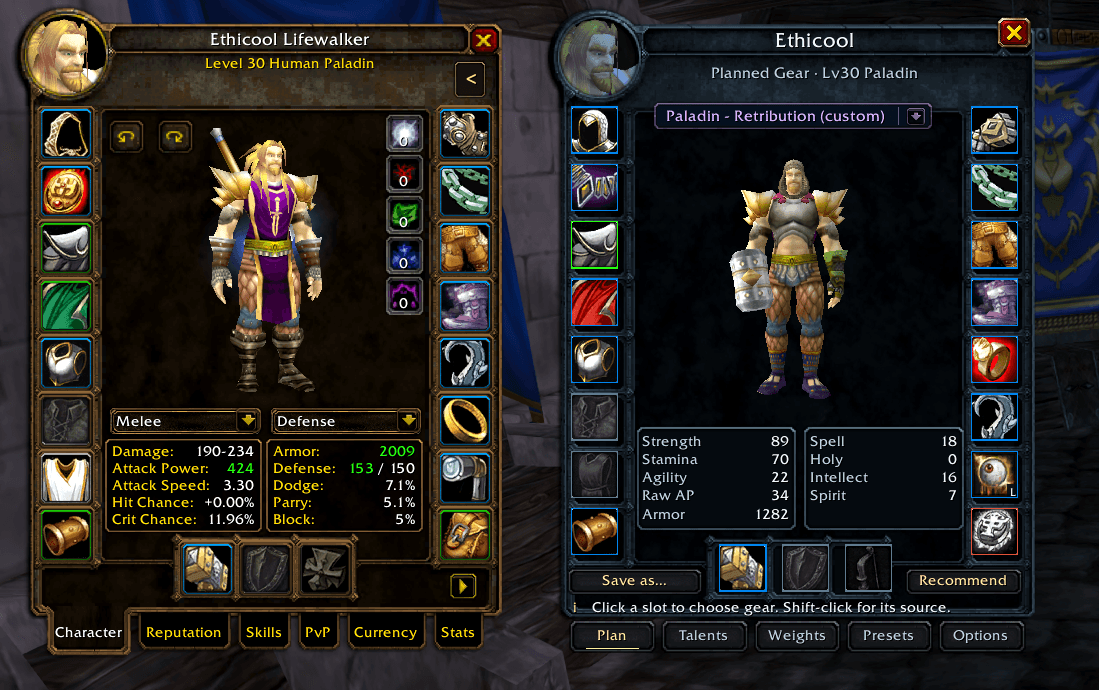 Thumbnail Ghostward beside the character sheet: compare your equipped gear with a saved custom plan. Screenshot supplied by the author; ClassicUI Forever is enabled.