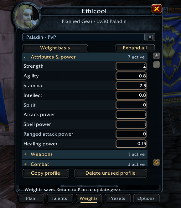 Thumbnail Tune attributes, attack power, spell power, healing, weapons, and combat stats in collapsible sections, then update the recommended gear for your custom plan.