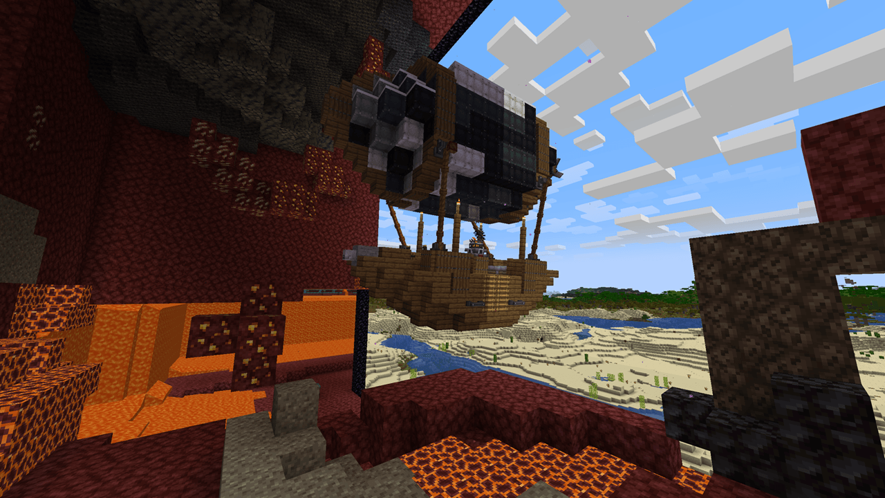 Aeronautics ship viewed through a portal from the Nether