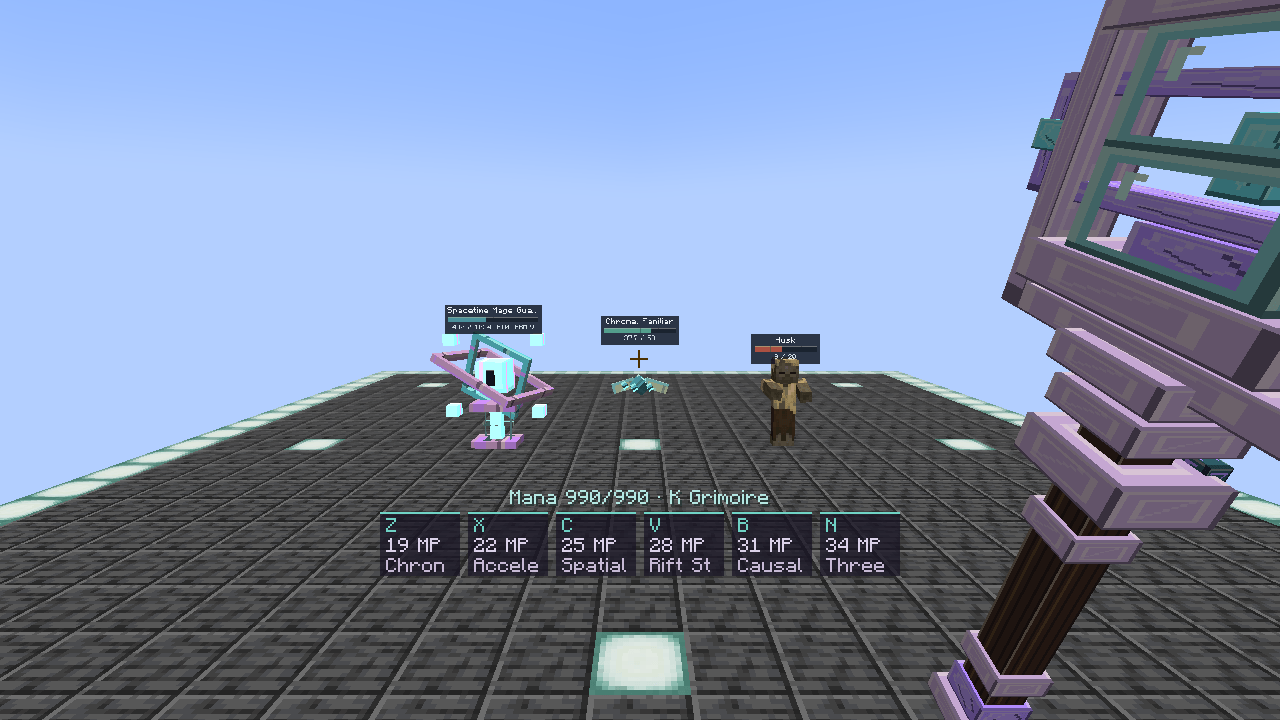 Thumbnail Actual Minecraft capture of a custom Spacetime guardian, Chronal Familiar and ordinary hostile with health bars. Six learned spells are activated through the normal weaving and slot systems. Staged in a disposable preview world.