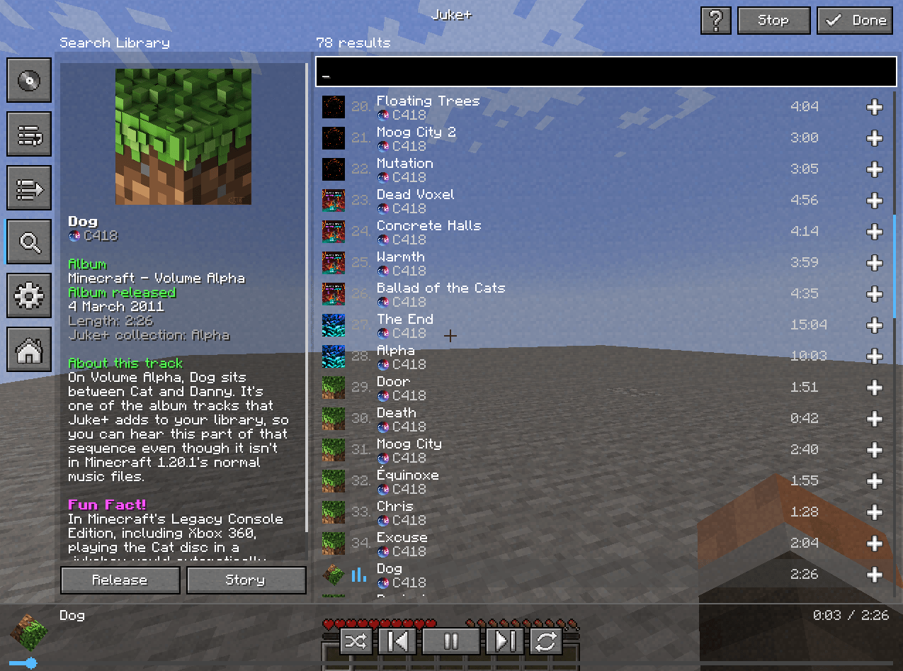 Be able to search any minecraft music you want! (and maybe even learn a bit of their backstory too)