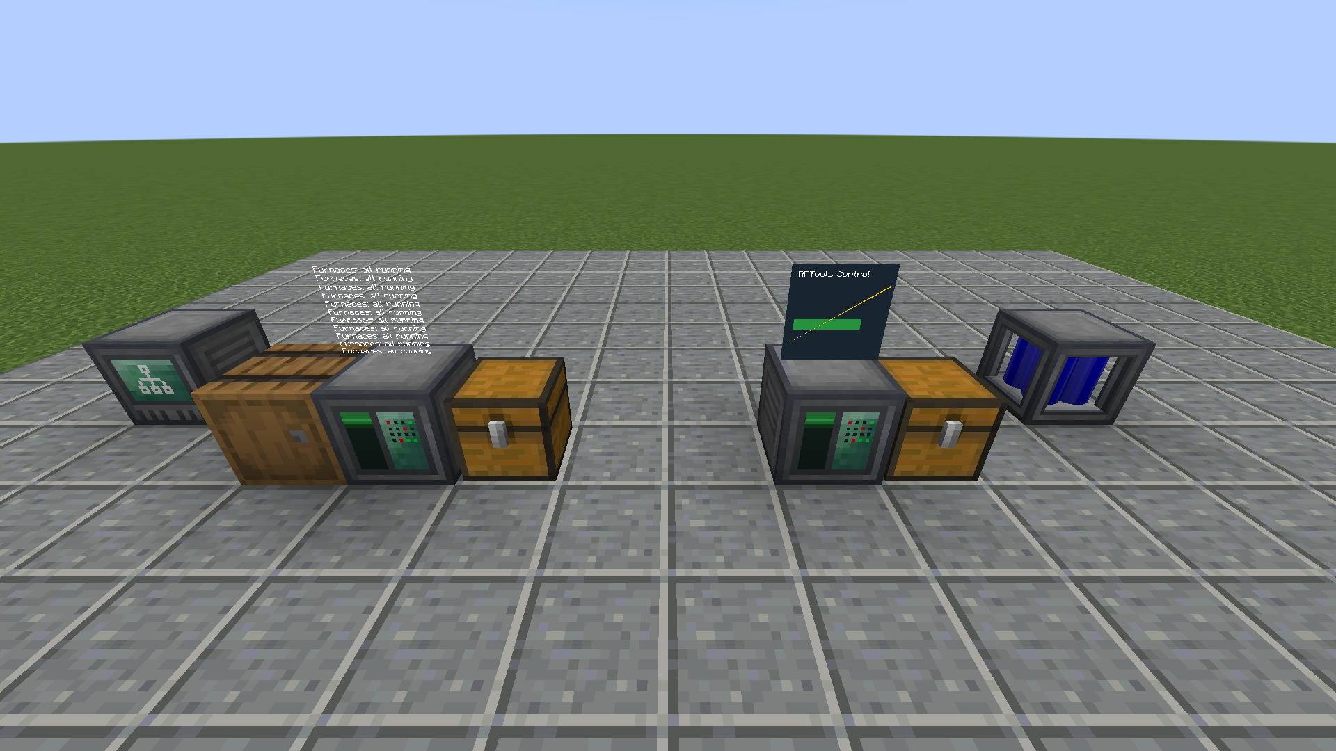 Two processors running programs, one on the left prints its logs above it, the one on the right has a graphics card and draws a panel, bar, line, and text.