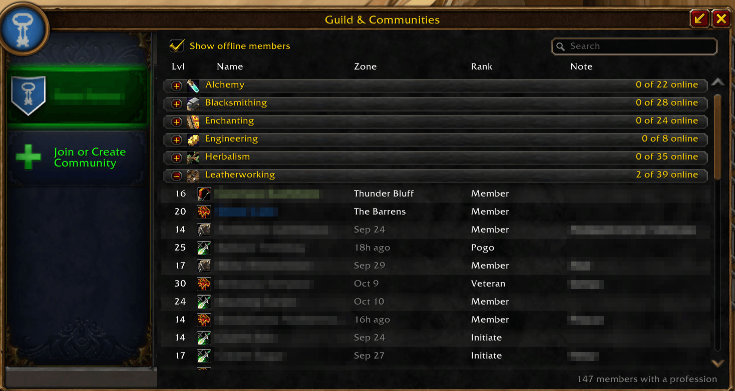 The Professions tab in the guild window