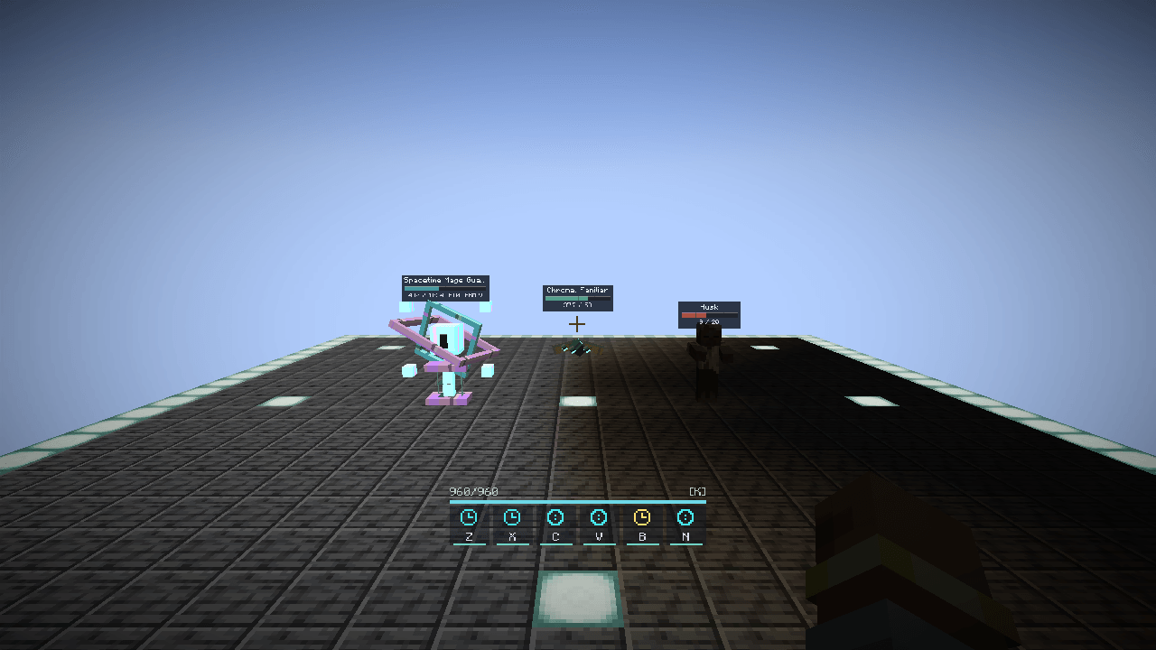 Thumbnail Actual Minecraft preview: six small spell glyphs, rebound keys, cooldowns, ultimate marks and a thin mana bar use about 60% less screen space. Guardian, familiar and hostile health bars remain visible.