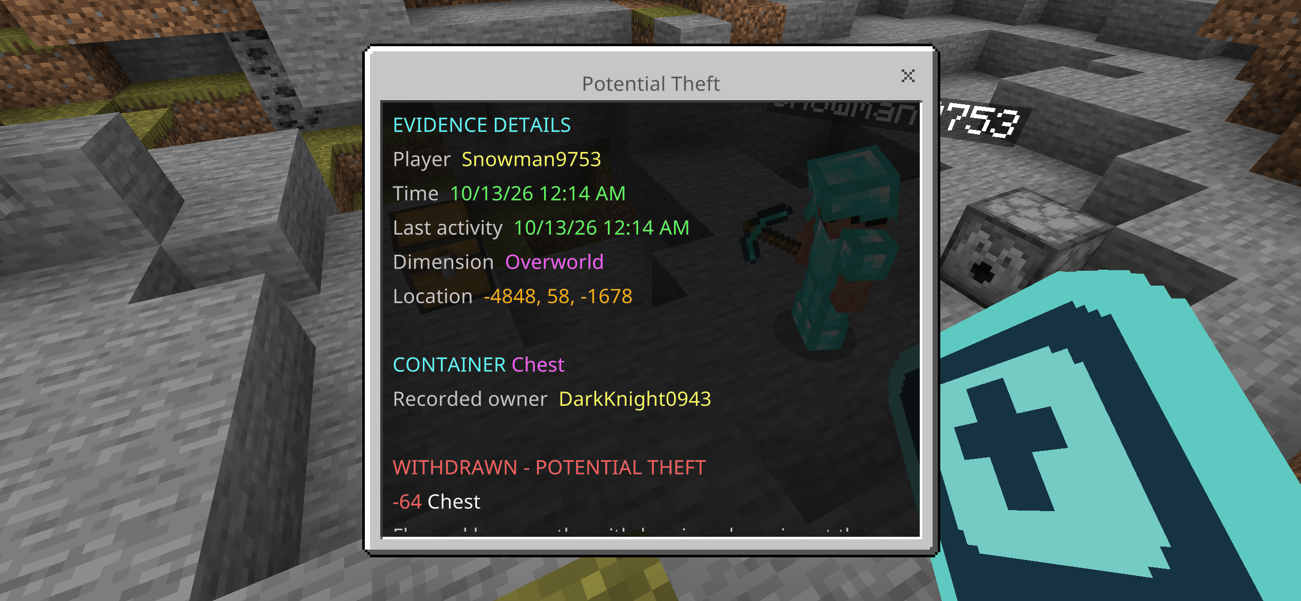 Thumbnail Showcase of info giving on a theft of someone's chest/storage