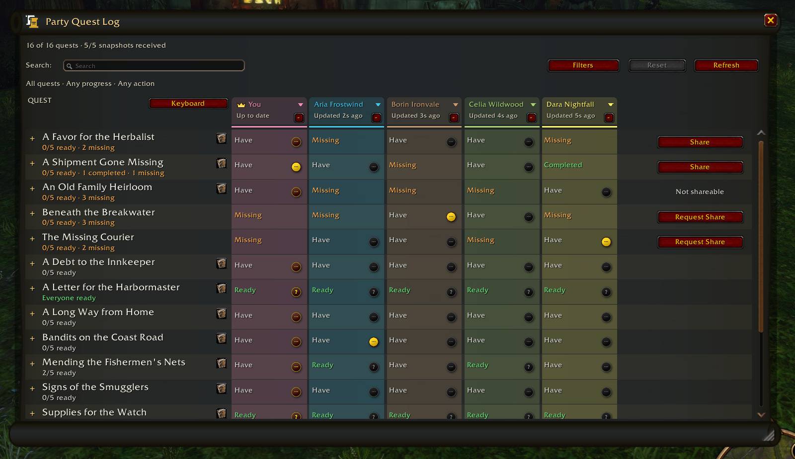 Thumbnail Compare your party’s quests, spot who is ready or missing a quest, and share or request eligible quests from one window.