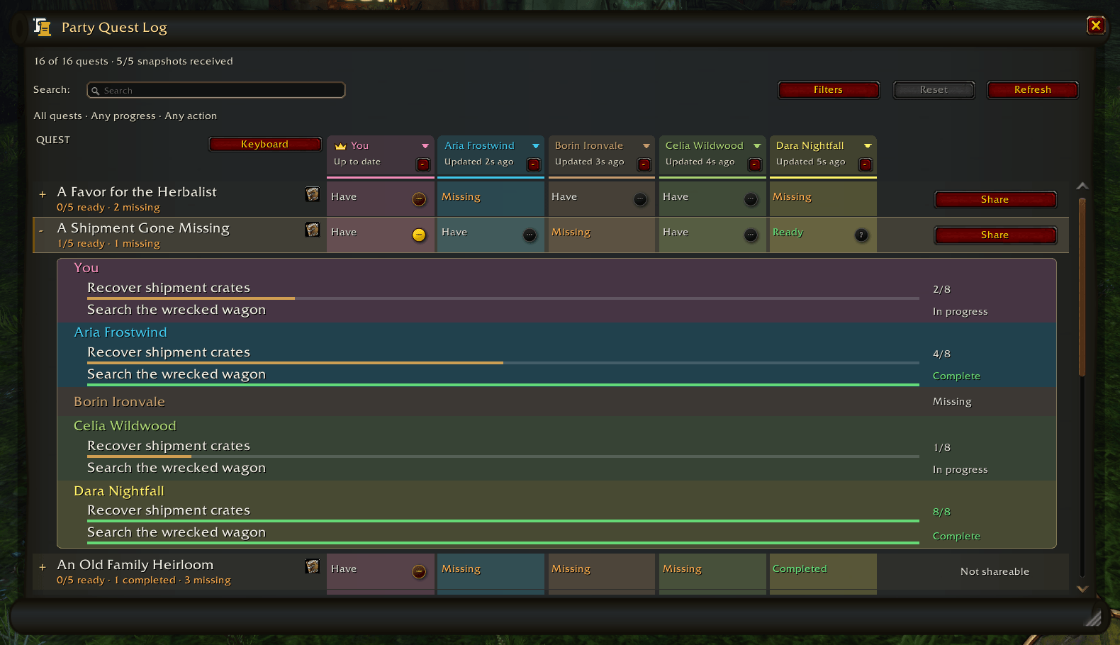 Thumbnail Expand a quest to compare each party member’s objective counts, completed steps, and missing quests side by side.