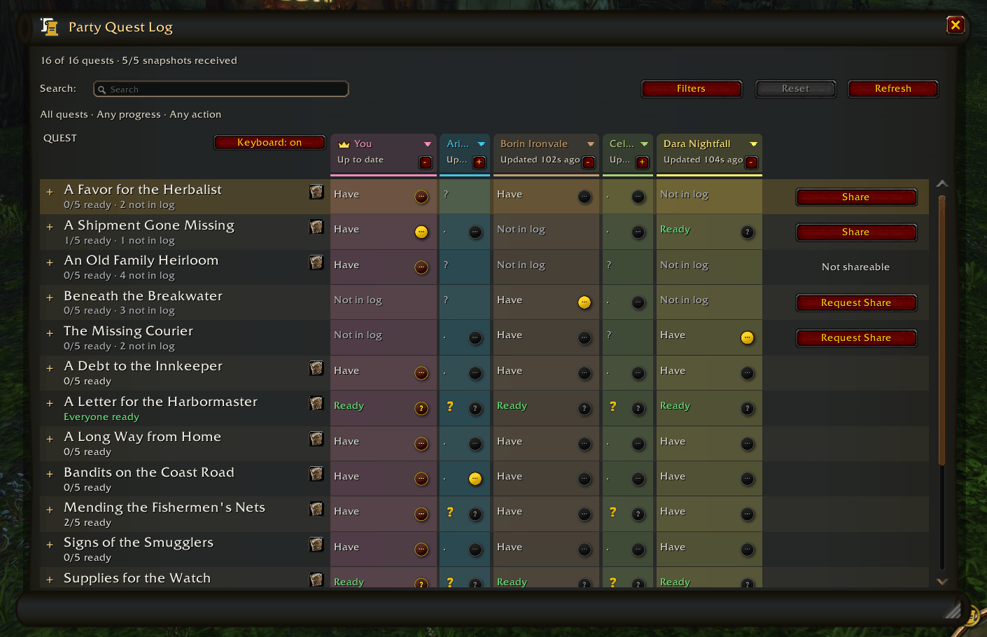 Thumbnail Collapse individual player columns to keep a large party readable on smaller screens, and navigate quests with the keyboard.