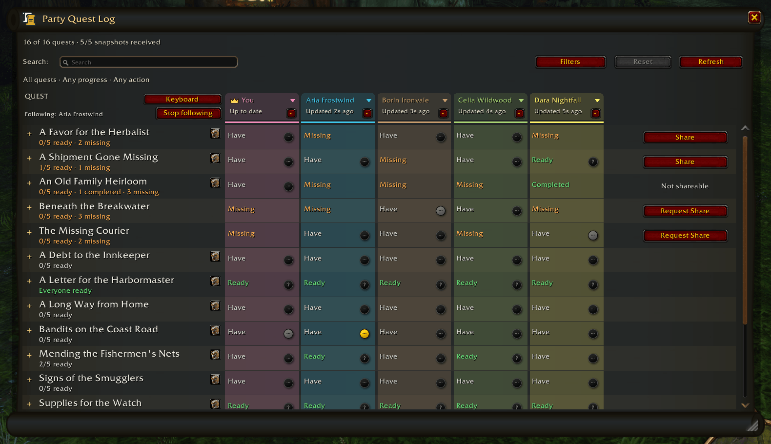 Thumbnail Follow a party member’s selected quest and see their focus highlighted in the Party Quest Log. Stop following whenever you prefer.