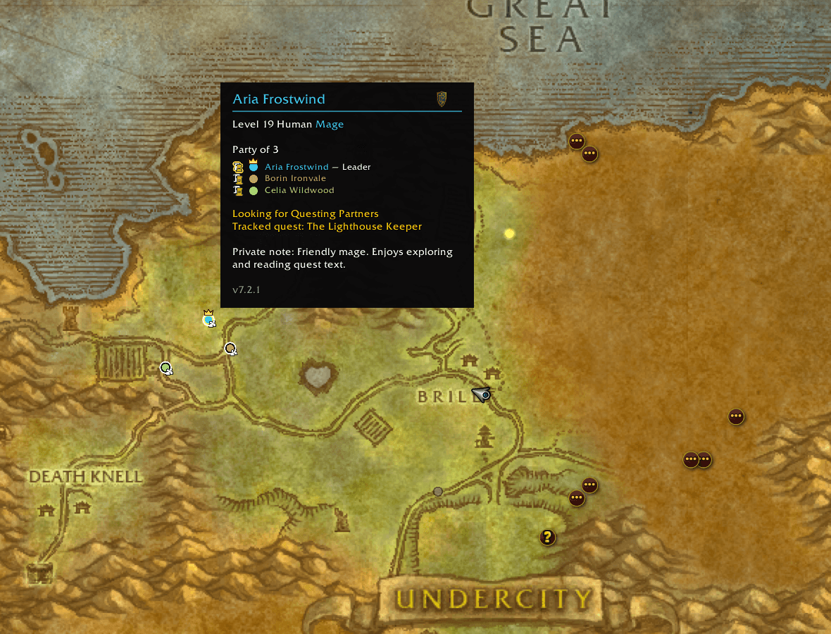 Thumbnail Hover a player dot for level, class, partner status, tracked quest, party roster, and your private note. Leaders have a crown.
