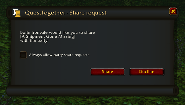 Thumbnail Respond to a party member’s share request, or allow future party share requests automatically. WoW’s normal quest eligibility still applies.