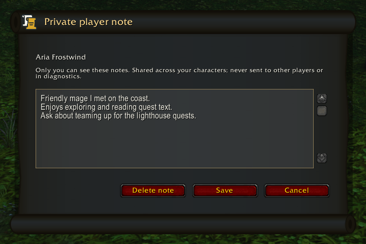 Thumbnail Remember the people you meet. Notes are shared across your own characters and never sent to other players or included in diagnostics.