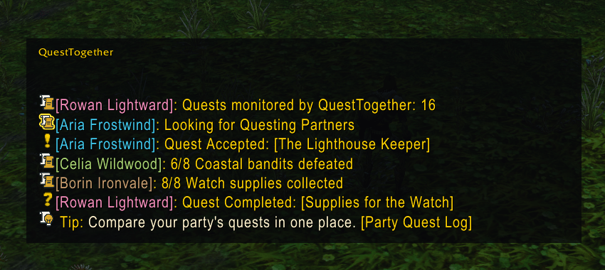 Thumbnail Keep partner announcements, quest activity, and helpful tips together in a dedicated QuestTogether chat tab. Tip links open the relevant feature.