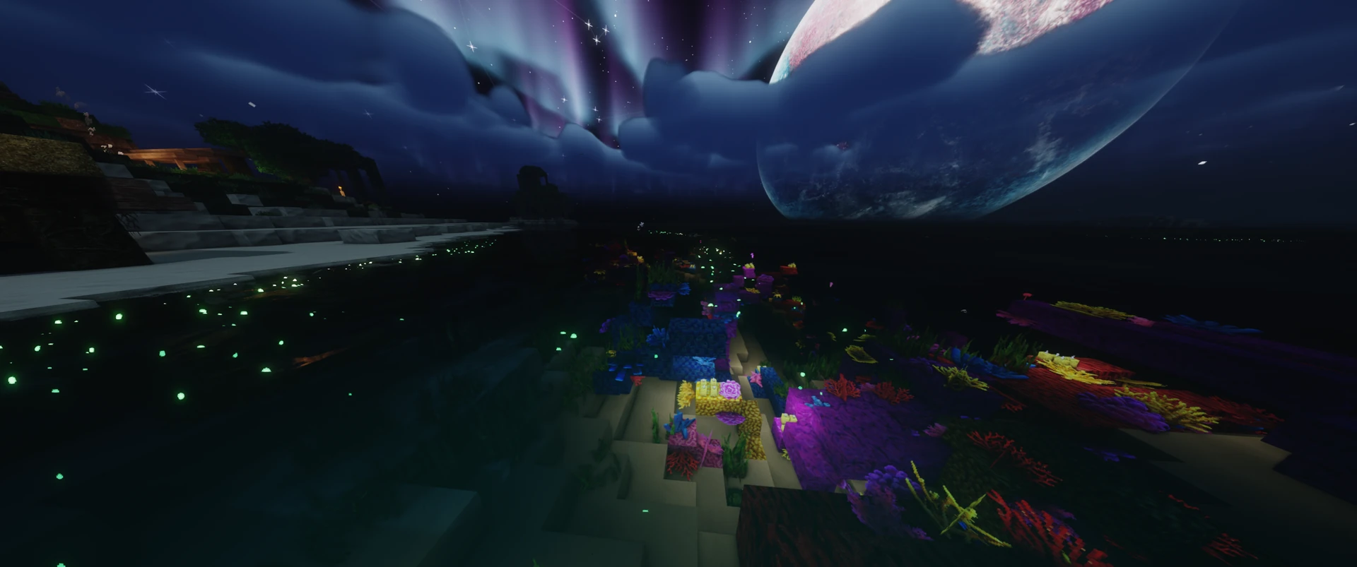 Thumbnail Bioluminescence and reef light under the moon. Taken with the Packtrix resource pack and AstraLex shaders.