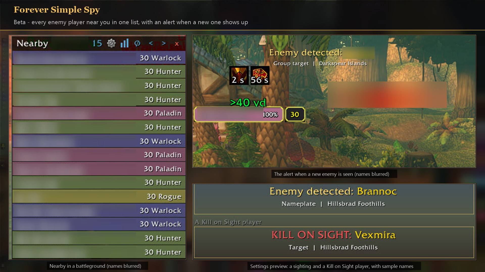 Every enemy player near you in one class-coloured list, with an on-screen alert when a new one appears.