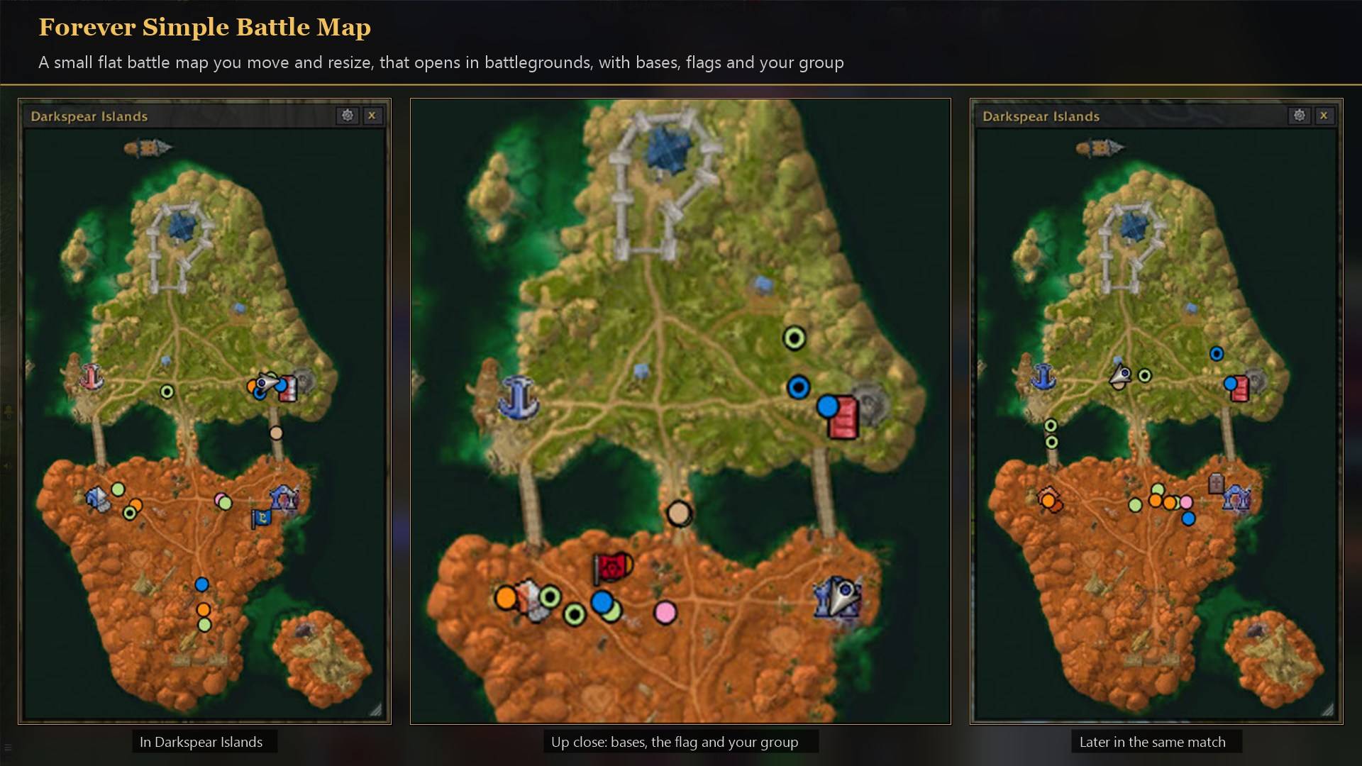 A flat map window in Darkspear Islands showing bases, the flag, carts and your group's dots.